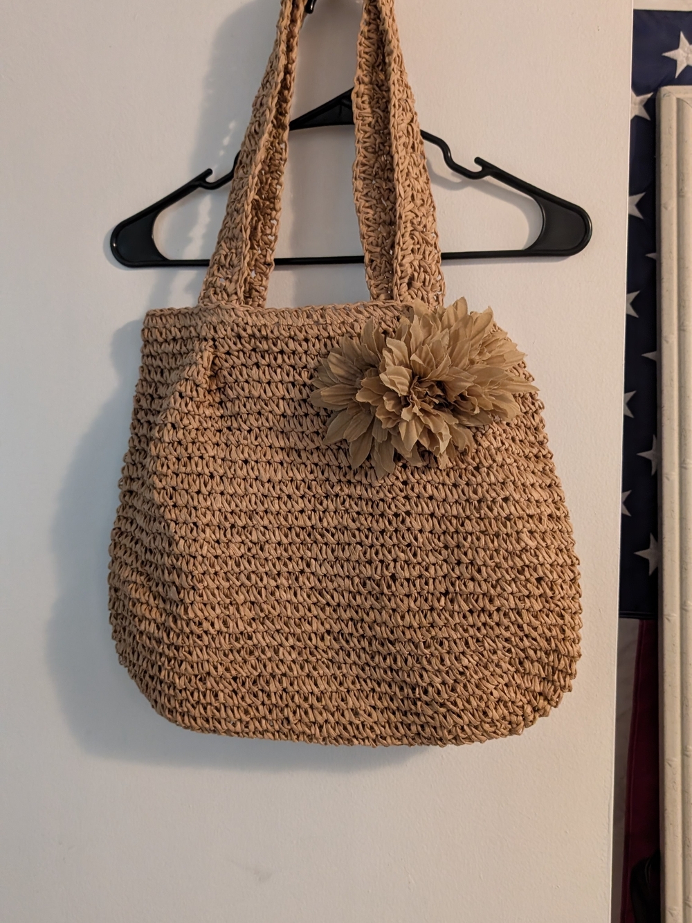 Cappelli Straworld Tan Woven Shoulder Bag with Floral Accent